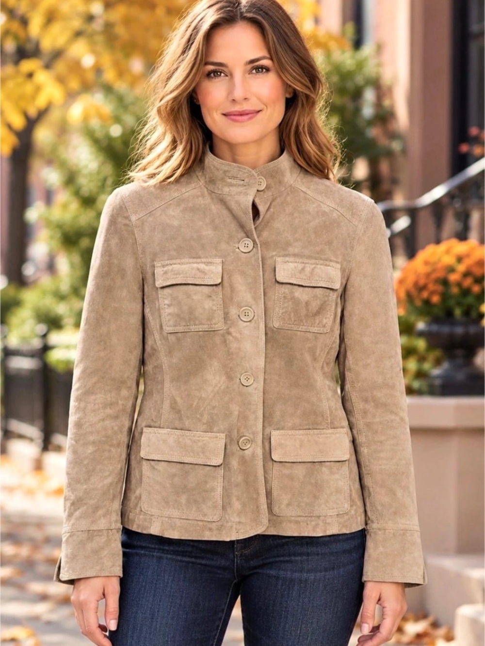 Eddie Bauer Seattle Suede Leather Four Pocket Jacket Taupe M